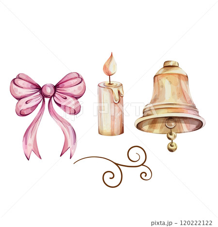 Watercolor Christmas clip art with bell, bow, candle. Xmas collection for design. Hand painted illustrations, isolated on white background Watercolor Christmas clip art with bell, bow, candle. Xmas collection for design. Hand painted illustrations, isolated on white background 120222122