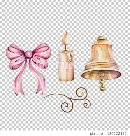 Watercolor Christmas clip art with bell, bow, candle. Xmas collection for design. Hand painted illustrations, isolated on white background Watercolor Christmas clip art with bell, bow, candle. Xmas collection for design. Hand painted illustrations, isolated on white background 120222122