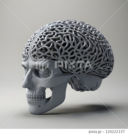 Stylized Metallic Lattice Brain within a Human Skull on Neutral Background Stylized Metallic Lattice Brain within a Human Skull on Neutral Background 120222137
