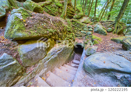 Mossy Stone Stairs to Tunnel on Old Mans Cave Trail Eye Level View 120222195