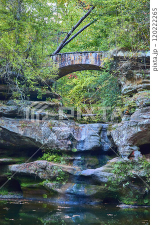 Stone Bridge Over Stream in Forested Hocking Hills Eye Level View Stone Bridge Over Stream in Forested Hocking Hills Eye Level View 120222265