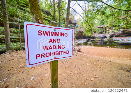 No Swimming Sign in Forest at Hocking Hills Eye Level Perspective No Swimming Sign in Forest at Hocking Hills Eye Level Perspective 120222471