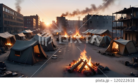 Sunrise Over Post-Apocalyptic Urban Camp with Tents and Burning Fires 120222618