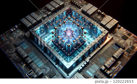 Futuristic Quantum Computer Chip with Glowing Blue Core and Intricate Circuits 120222653