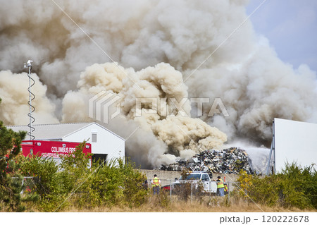 Industrial Fire Emergency at Columbus Scrap Yard Eye-Level Perspective 120222678