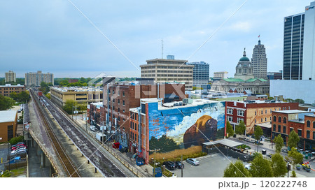 Aerial of Fort Wayne Bison Mural and Courthouse Skyline 120222748