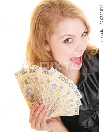 Happy woman holding polish currency money banknote. Happy woman holding polish currency money banknote. 120222814