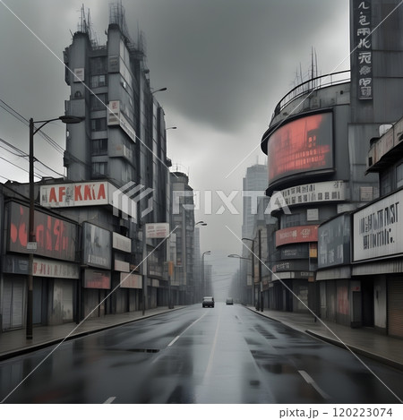 Gloomy Dystopian Cityscape with Neon Signs and Rain 120223074