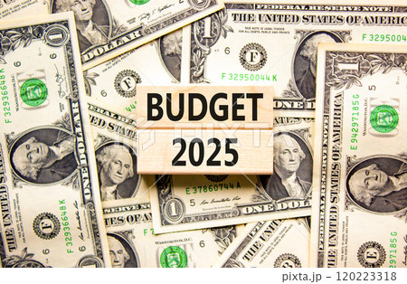 Planning budget 2025 new year symbol. Concept words Budget 2025 on beautiful wooden blocks. Dollar bills. Beautiful background from dollar bills. Business budget 2025 new year concept. Copy space. Planning budget 2025 new year symbol. Concept words Budget 2025 on beautiful wooden blocks. Dollar bills. Beautiful background from dollar bills. Business budget 2025 new year concept. Copy space. 120223318