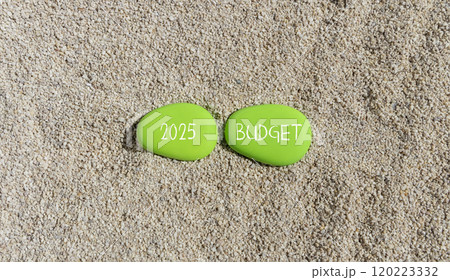 Planning 2025 budget new year symbol. Concept words 2025 Budget on beautiful green stones. Beautiful sand sea beach background. Business 2025 budget new year concept. Copy space. 120223332