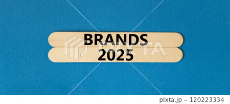 Planning brands 2025 new year symbol. Concept words Brands 2025 on beautiful wooden sticks. Beautiful blue background. Business brands 2025 new year concept. Copy space. 120223334
