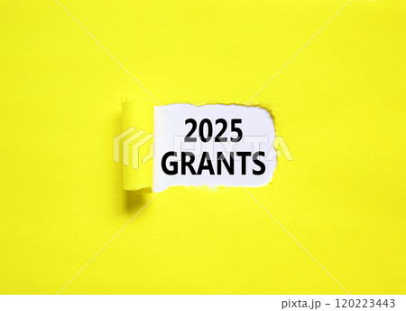 Planning 2025 grants new year symbol. Concept words 2025 Grants on beautiful white paper. Beautiful yellow paper background. Business 2025 grants new year concept. Copy space. 120223443