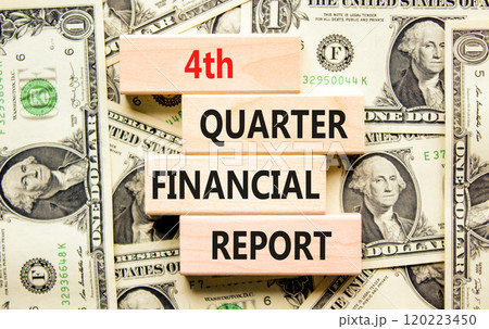 4th quarter financial report symbol. Concept words 4th quarter financial report on beautiful wooden blocks. Beautiful dollar background. Business 4th quarter financial report concept. Copy space. 120223450