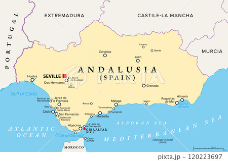 Andalusia, a region of Spain, with capital Seville, political map. Southernmost autonomous community in Peninsular Spain, located in the south of the Iberian Peninsula, in southwestern Europe. Vector. Andalusia, a region of Spain, with capital Seville, political map. Southernmost autonomous community in Peninsular Spain, located in the south of the Iberian Peninsula, in southwestern Europe. Vector. 120223697