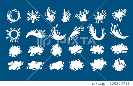 Milk splashes. Liquid wave and drops of milky drink, splatter and swirl shapes of falling flowing dairy beverage, cartoon yogurt drops. Vector isolated set 120223751