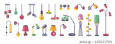 Cartoon interior lamps. Modern home lights, trendy bedside table and floor standing lamps, ceiling chandelier and hanging lampshade. Vector isolated set 120223763