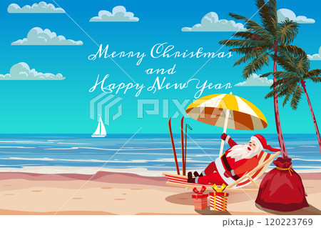Santa Claus on the resort tropical, resting in deck chair with cocktail 120223769