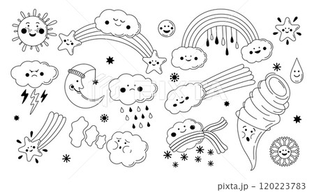 Cute line weather characters. Cartoon funny happy sad angry and sleepy weather forecast icons, cute meteorology season signs. Vector doodle set 120223783