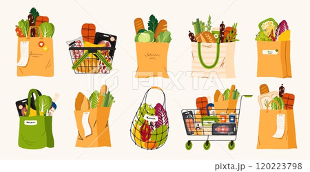 Shopping bags and baskets. Plastic paper and fabric bags for grocery, supermarket and store package with vegetables and dairy. Vector isolated set 120223798