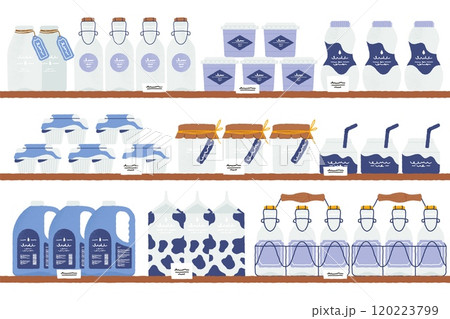 Dairy on shelves. Supermarket interior with milk, butter, cheese and yogurt on store shelves. Vector milk products packaging in line illustration Dairy on shelves. Supermarket interior with milk, butter, cheese and yogurt on store shelves. Vector milk products packaging in line illustration 120223799