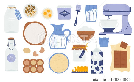 Bakery ingredients. Cartoon kitchen utensils and baking tools with flour sugar eggs butter and vanilla, cooking equipment flat style. Vector set Bakery ingredients. Cartoon kitchen utensils and baking tools with flour sugar eggs butter and vanilla, cooking equipment flat style. Vector set 120223800