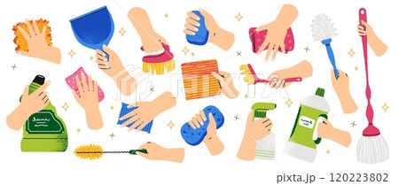 Hands holding cleaning tools. Cartoon woman housekeeper with brushes duster mop bucket gloves, vector housework equipment set 120223802