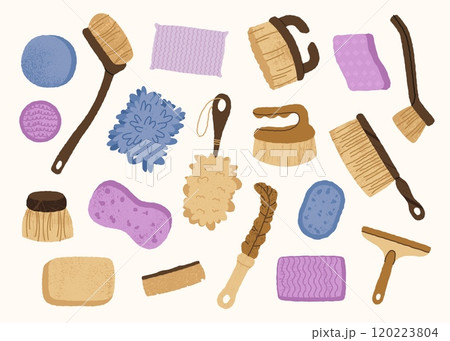 Cleaning tools brushes sponges. Washing equipment for home and office, brushes, mop and sponge for cleaning, housework supplies. Vector isolated set Cleaning tools brushes sponges. Washing equipment for home and office, brushes, mop and sponge for cleaning, housework supplies. Vector isolated set 120223804