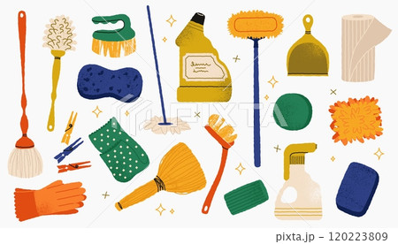 Cleaning supplies. Doodle housework tools and equipment, cartoon broom mop bucket gloves detergent, home hygiene concept. Vector flat set 120223809