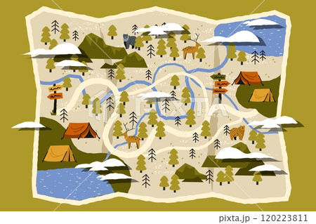 Cute banner with travel map. Cartoon banner with doodle tracking route and hand drawn map with pointer. Vector camping or travel illustration 120223811