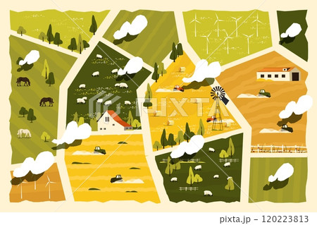 Cute rural map. Cartoon countryside village with farm houses and forest, kids game background with rural landscape. Vector town map illustration 120223813