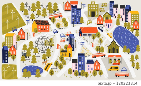 Cute town map. Cartoon hand drawn village with houses, trees and mountains, kids nursery or kindergarten road and landscape illustration. Vector set 120223814