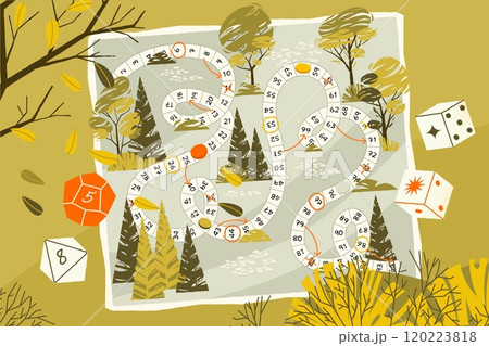 Kids board game. Cartoon children playing snakes and ladders game, funny group of people on ladder and animals on snakes back. Vector board game illustration Kids board game. Cartoon children playing snakes and ladders game, funny group of people on ladder and animals on snakes back. Vector board game illustration 120223818