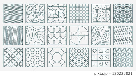 Linear geometric tiles. Modern abstract decorative elements with minimal ornament, retro bauhaus and brutalist puzzle blocks. Vector set 120223821
