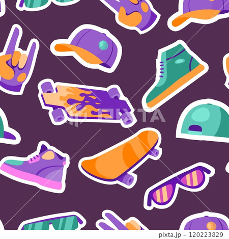 Skateboard pattern. Seamless print of street sport skateboarder equipment, kids doodle background for t-shirt design. Vector texture Skateboard pattern. Seamless print of street sport skateboarder equipment, kids doodle background for t-shirt design. Vector texture 120223829