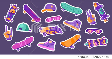 Skateboard badges. Street sport labels with skull and skateboarder silhouette, summer lifestyle and skating concept. Vector isolated set Skateboard badges. Street sport labels with skull and skateboarder silhouette, summer lifestyle and skating concept. Vector isolated set 120223830