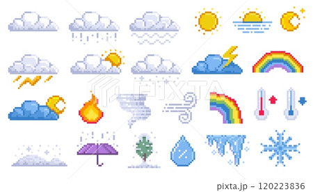 Pixel weather icons. Cartoon 8 bit game assets of sun rain snow thunderstorm wind and cloudiness. Vector weather forecast symbols isolated collection 120223836
