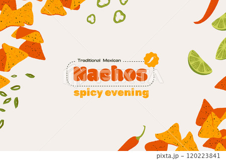 Nachos framing. Cartoon mexican traditional food, crispy corn chips with cheese jalapenos chilly, unhealthy fast snack. Vector banner set 120223841