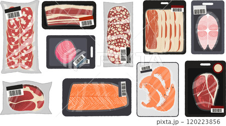 Meat and seafood in packaging. Cartoon beef pork fish fillet vacuum zip plastic wrap, fresh raw food in supermarket. Vector isolated set 120223856