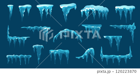 Cartoon blue icicles. Frozen ice spikes hanging down, cold frost weather elements, frozen snow water drops melt frosty icy weather. Vector isolated set Cartoon blue icicles. Frozen ice spikes hanging down, cold frost weather elements, frozen snow water drops melt frosty icy weather. Vector isolated set 120223870