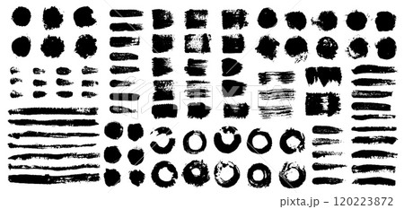 Grunge brush stroke. Dirty black ink brush lines for logo design, paint splash and spray banner, grungy brush art elements. Vector set 120223872