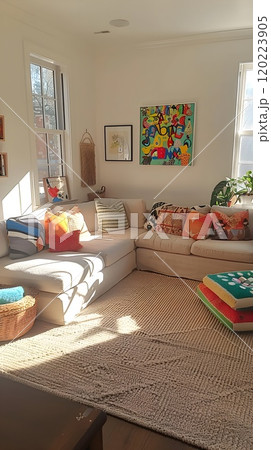 Modern Family Room Setup with Ample Seating and Storage 120223905