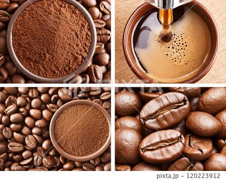 A collage showcasing the coffee-making process, from whole beans to ground coffee A collage showcasing the coffee-making process, from whole beans to ground coffee 120223912