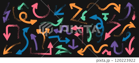 Brush drawn colored arrows. Doodle curve bend pointers, sketchy thick direction pointers, rough line arrows different shapes. Vector isolated set Brush drawn colored arrows. Doodle curve bend pointers, sketchy thick direction pointers, rough line arrows different shapes. Vector isolated set 120223922