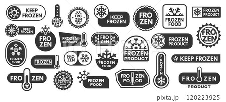 Black frozen product stickers. Monochrome meat and fish labels with temperature icons, frozen food packaging badges. Vector isolated set 120223925