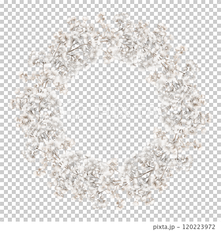 Watercolor gypsophila Floral Wreath. Drawing of botanical round Frame with small floret on isolated background for greeting cards or invitations. Decoration for Wedding cards with baby's breath. 120223972