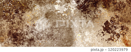 Brown Watercolor Texture in Grunge Style. Earthy background of coffee and chocolate colors with stains and rough brushstrokes. Hand painted aged background in dark tones for brochures and posters. 120223979