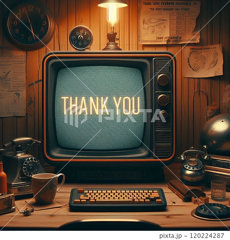 Retro TV with the inscription of gratitude. Positive feedback concept. Thanksgiving holiday 120224287