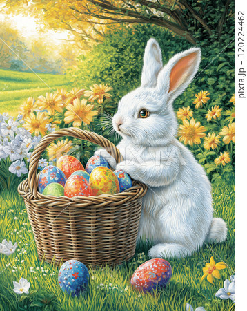 White bunny with a basket of colorful Easter eggs in a lush garden 120224462