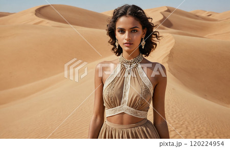 A woman in a flowing dress stands in the desert, looking out over the sand dunes 120224954