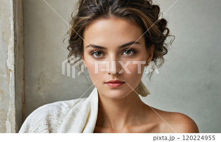 A woman with dark hair and a white sweater looks directly at the camera 120224955